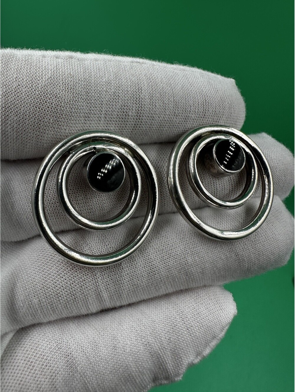Vintage STERLING SILVER 925 ONYX LARGE DOUBLE CIRCLE EARRINGS SIGNED ND